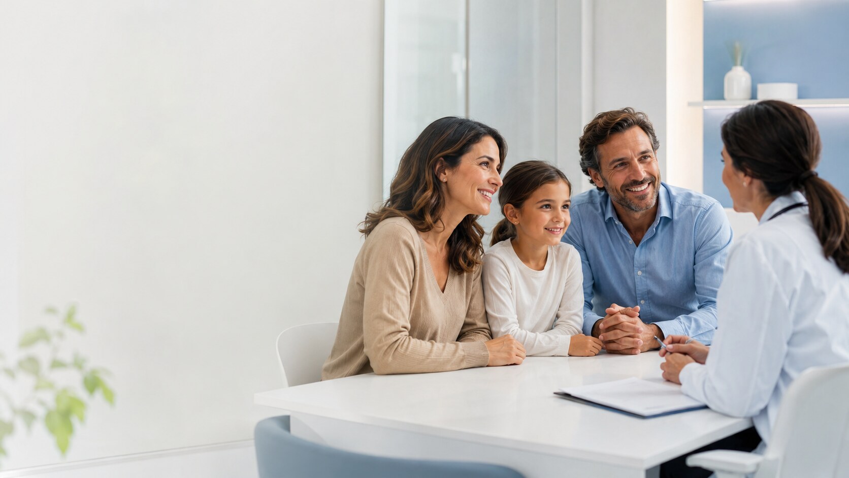 Familia recibiendo asesoramiento médico en una consulta